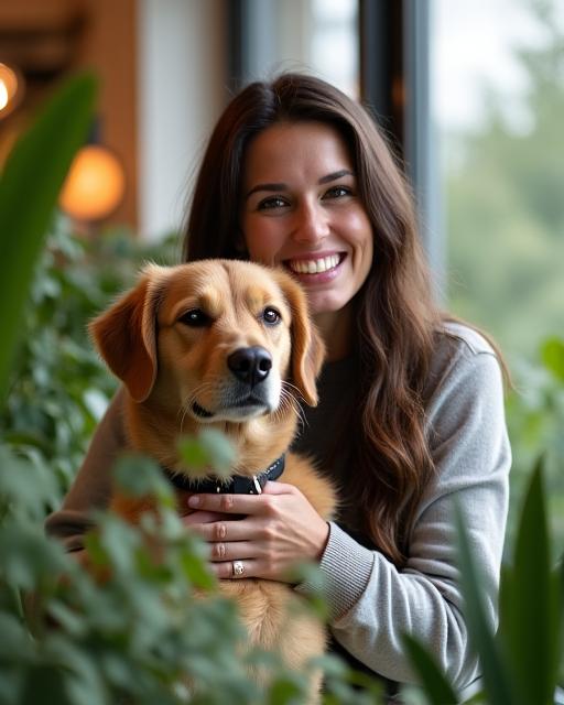 創設者が愛犬と共に店内で微笑んでいる