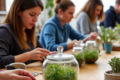 テラリウム作りに集中する参加者たち